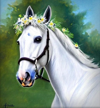 White Stallion Horse in AI Draw Flower Crown style