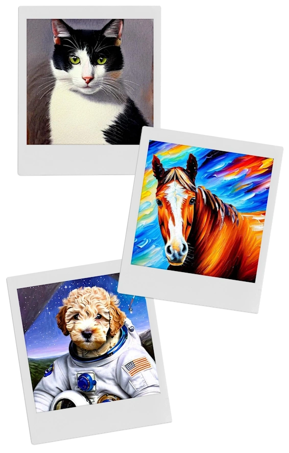 3 polaroids with astronaut dog, oil painting horse and pencil Cat