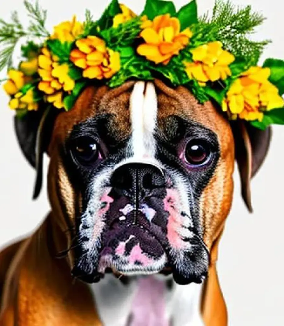 Boxer in Stunning Flower Crown created using AI Draw 