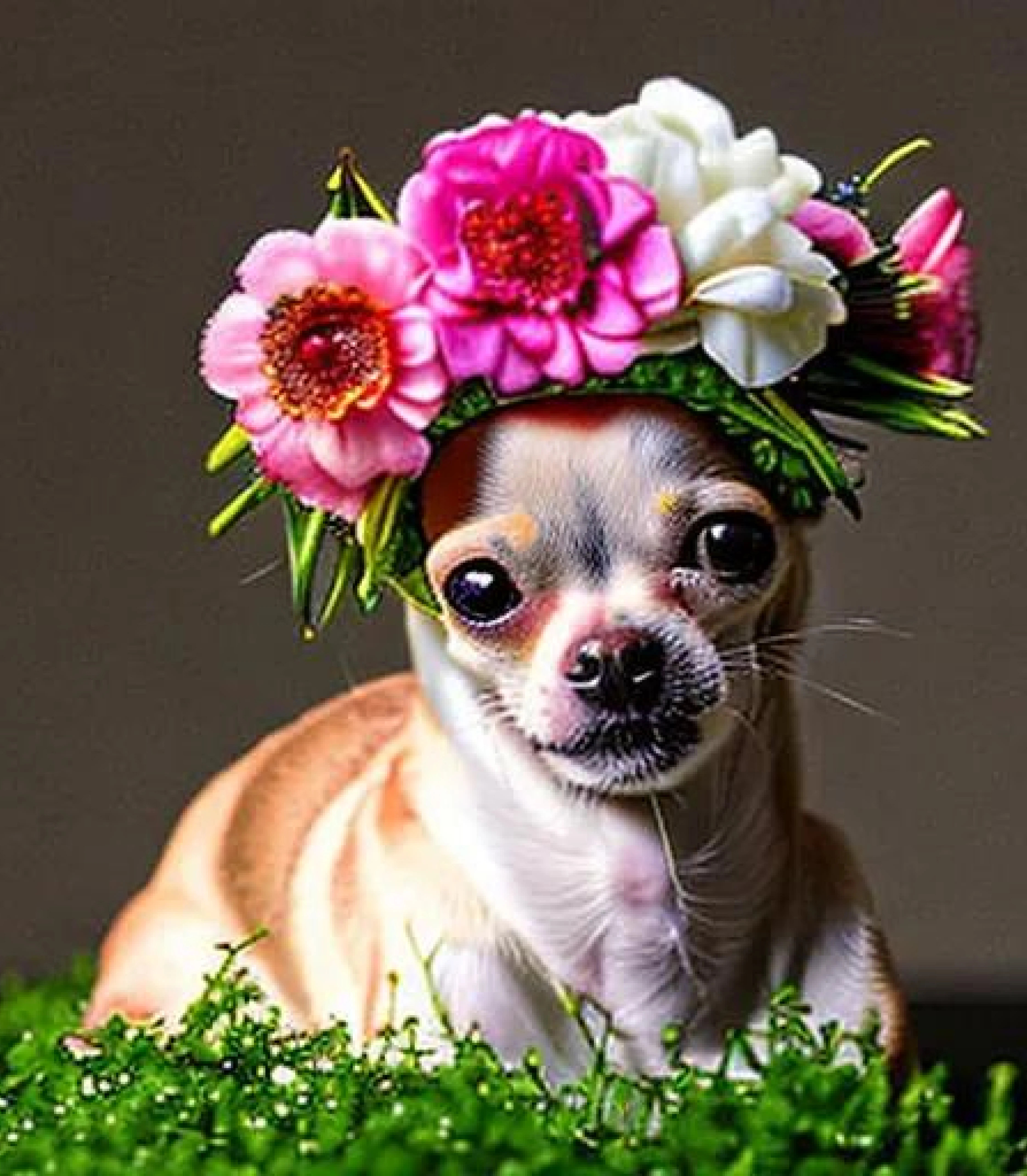 Chihuahua in Flower Crown created using AI Draw our online AI Art generator