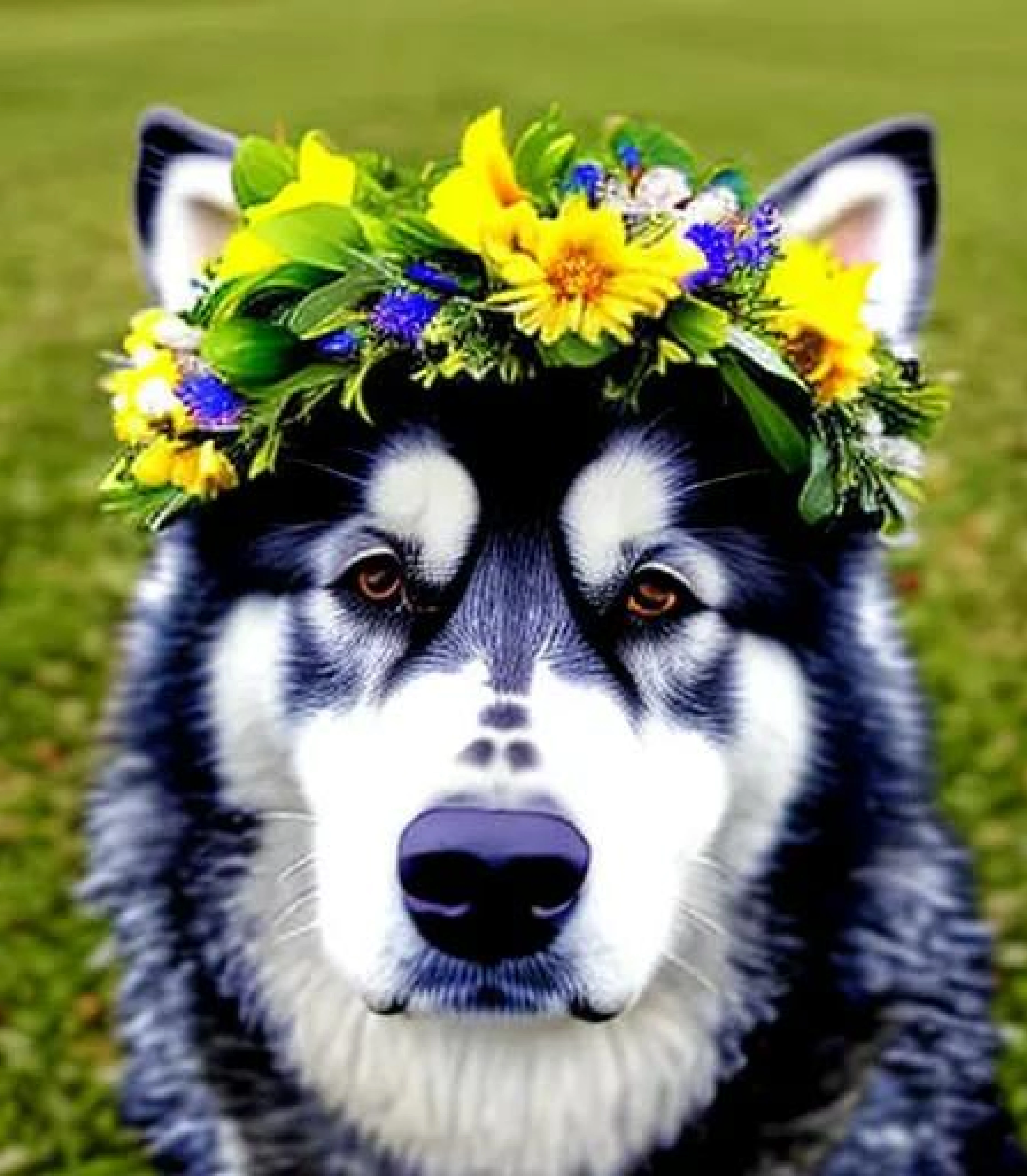 Alaskan Malmute in Stunning Yellow flower crown created using AI Draw 