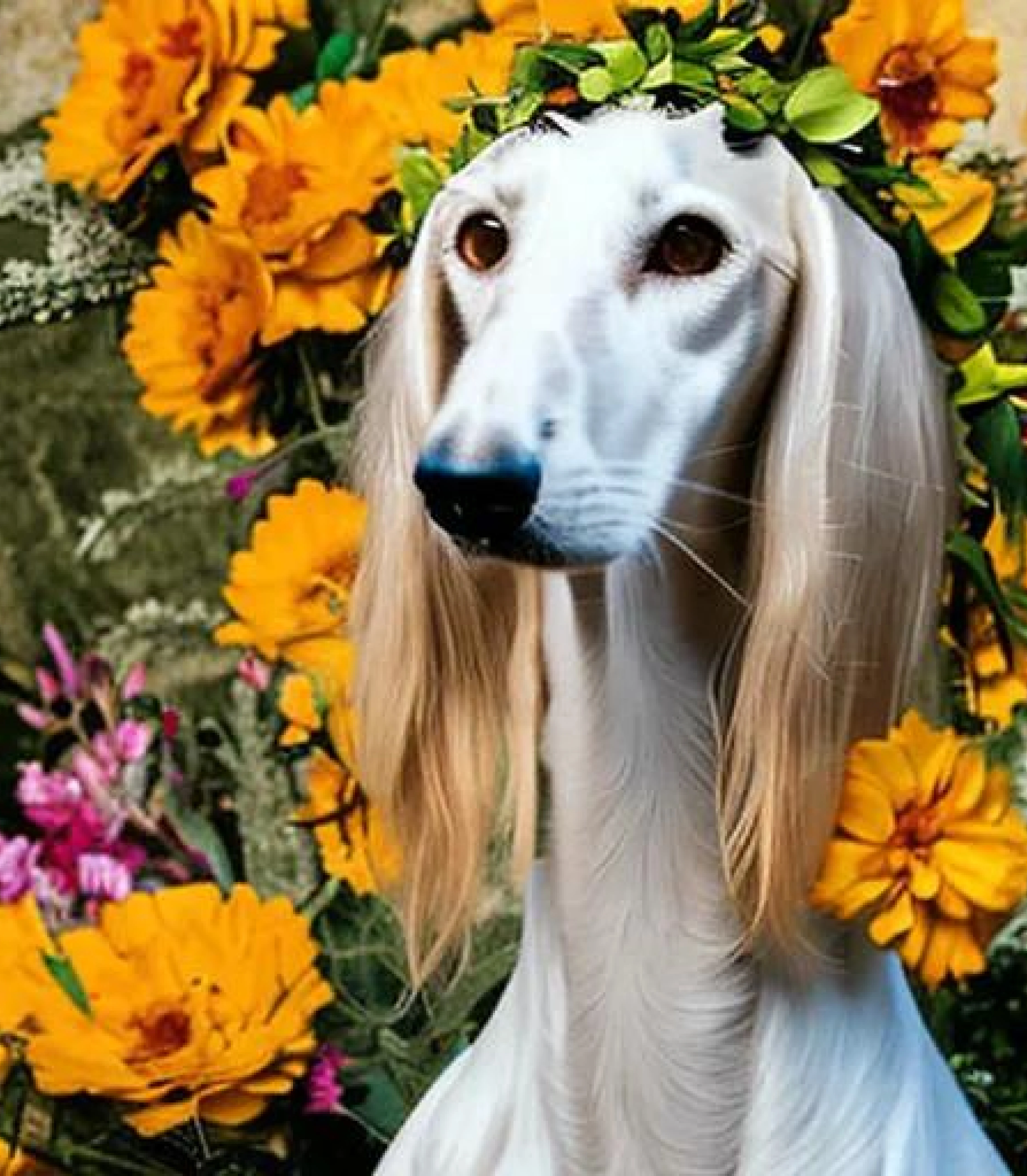 Saluki in Stunning Yellow flower crown created using AI Draw 